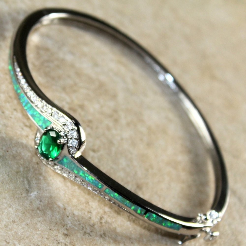 Green Fire Opal Silver Bracelet Cuff